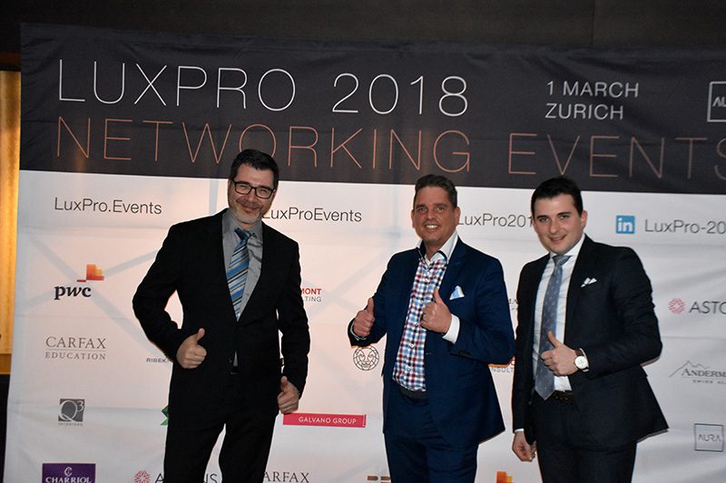 LuxPro 2018 - Zürich grandioser Start. L: Markus Sassmann (CEO - Galvano Group), Kevin Underwood, Alessandro Adamo (COO - Galvano Group) : Credit: Kevin Underwood